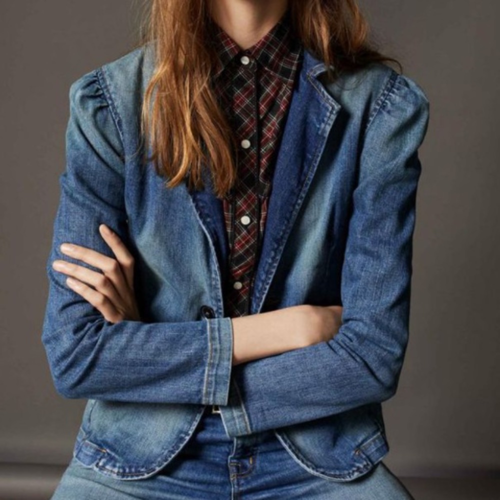 Joinus Denim and Faux Leather Puff Sleeve Blazer - Picture 8 of 8